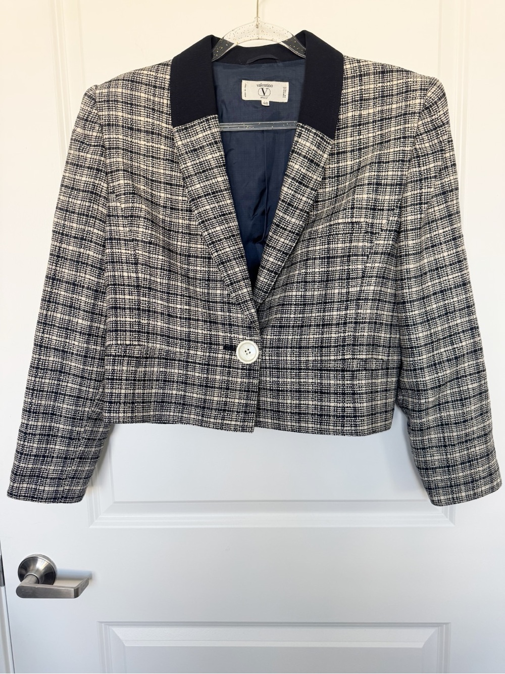 Valentino Miss V Wool Silk Tweed Jacket Navy White Plaid Cropped Blazer 90s